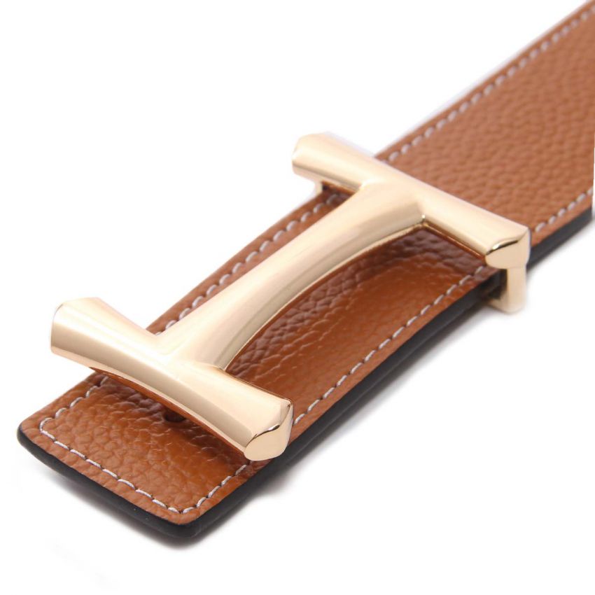 Gold Curvy H Buckle Camel Black Reversible Belt - view 1